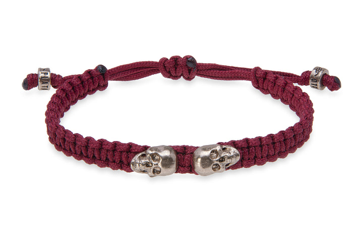 Garnet nylon bracelet with bronze skulls