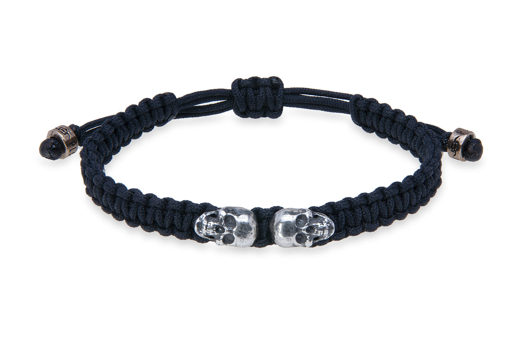 Black nylon bracelet with silver skulls