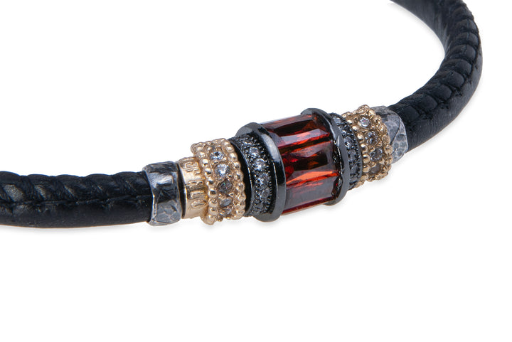 Leather bracelet with red zirconia