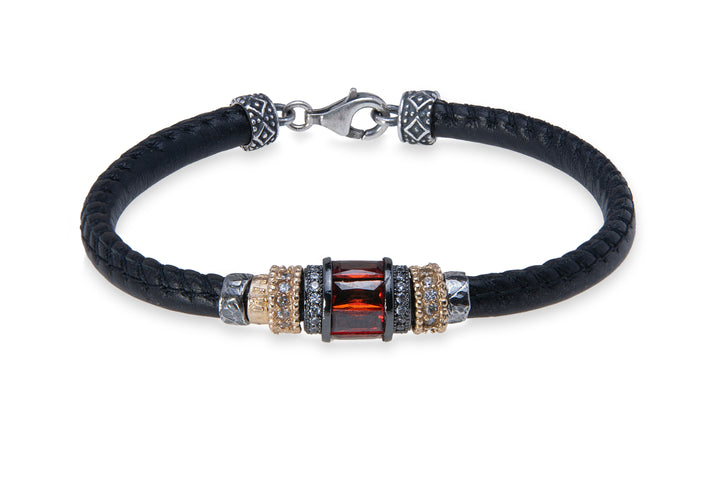 Leather bracelet with red zirconia