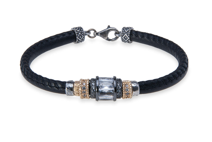 Leather bracelet with white zirconia