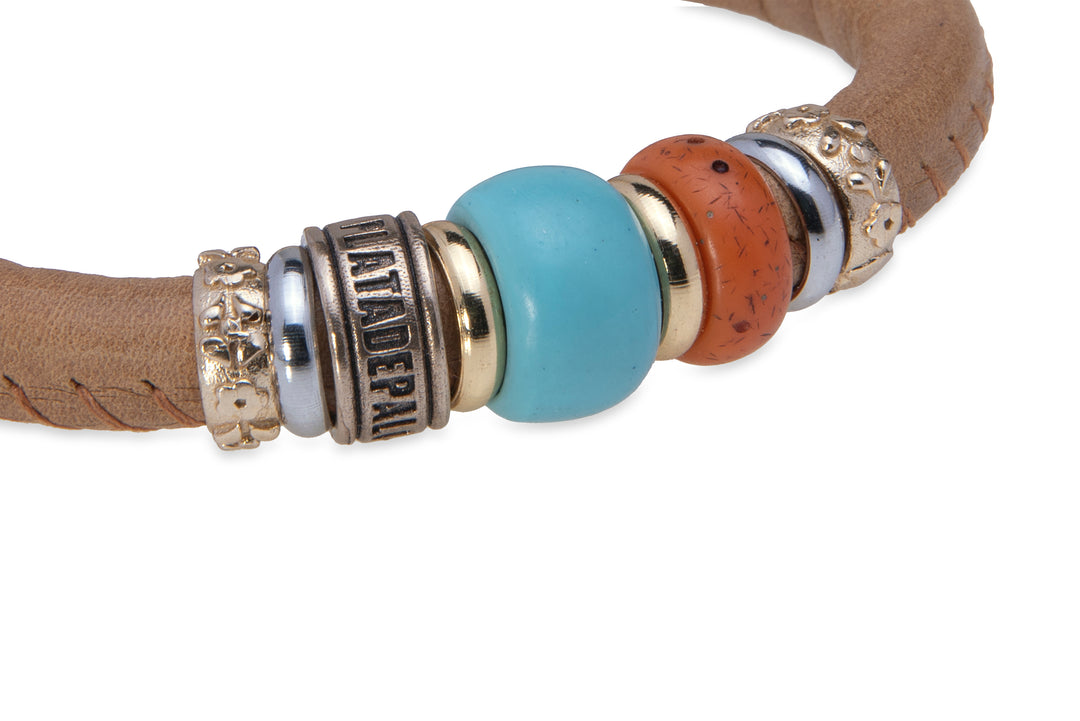 Leather bracelet with blue and orange resins