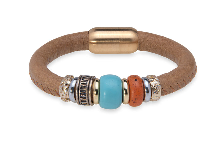 Leather bracelet with blue and orange resins