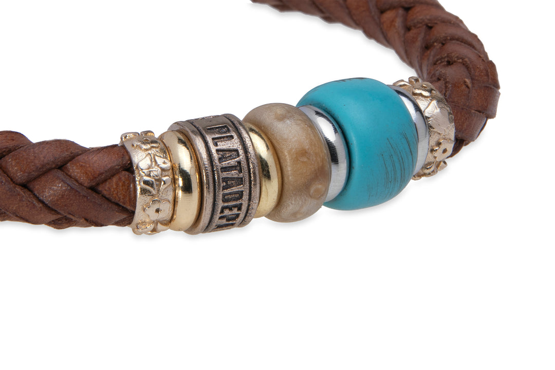 Pulsera de cuero con resinas marrón y azul