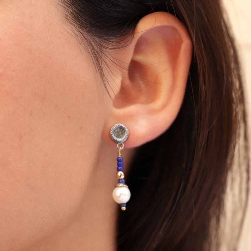 Pendientes bolas azul con perla 2