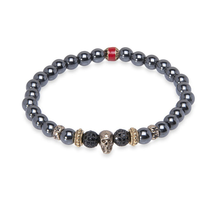 Pulsera de bolas de hematite gris con calavera bronce 1