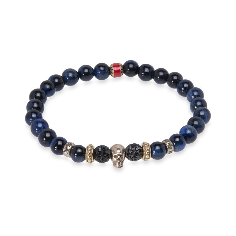 Pulsera de bolas de ojo de tigre azul con calavera bronce 1