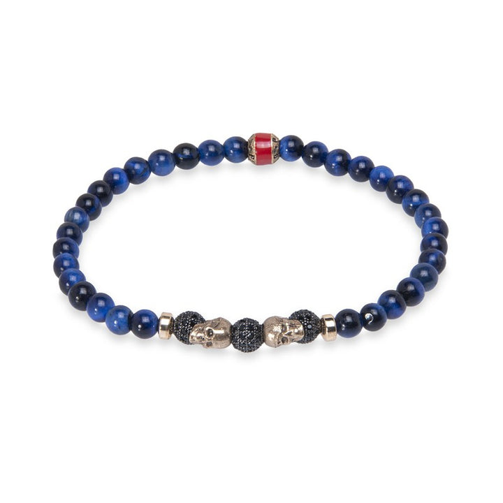 Pulsera de bolas de ojo de tigre azul con calaveras de bronce 1