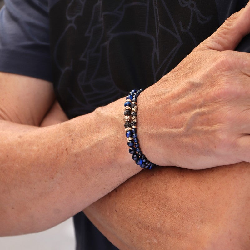 Pulsera de bolas de ojo de tigre azul con calaveras de bronce 4