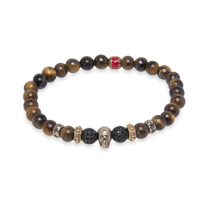 Pulsera de bolas de ojo de tigre con calavera de bronce 1