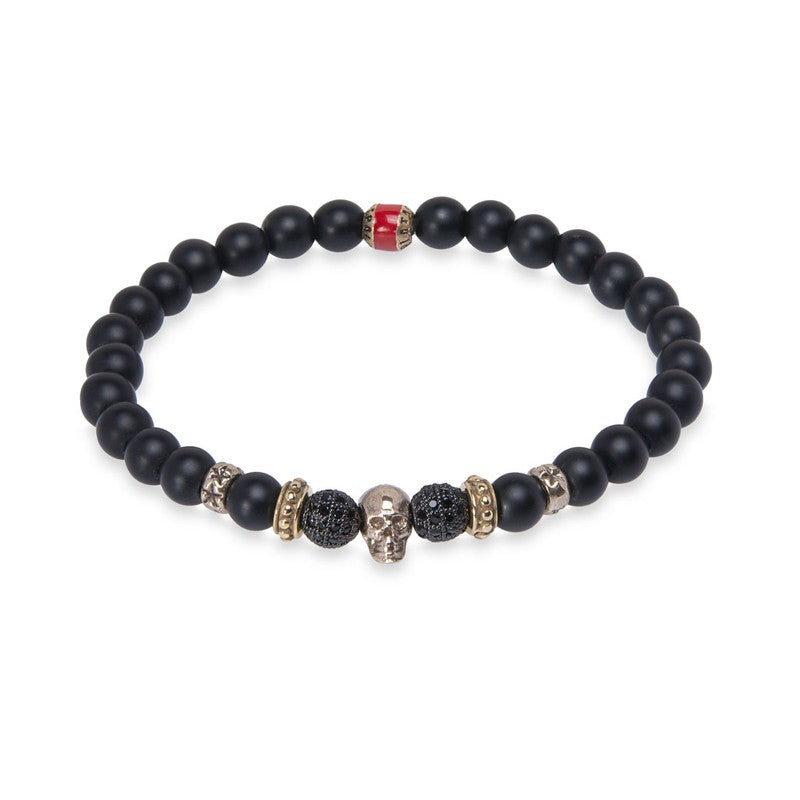 Pulsera de bolas de onix mate con calavera de bronce 1