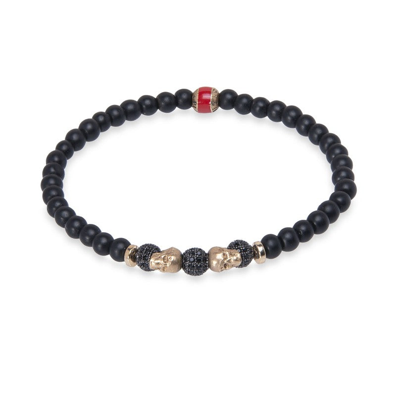 Pulsera de bolas de onix mate con calaveras de bronce 1