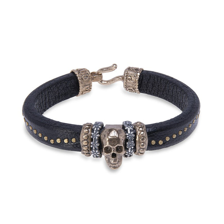 Pulsera de cuero con calavera de bronce y piezas de Plata 925 y bronce 1