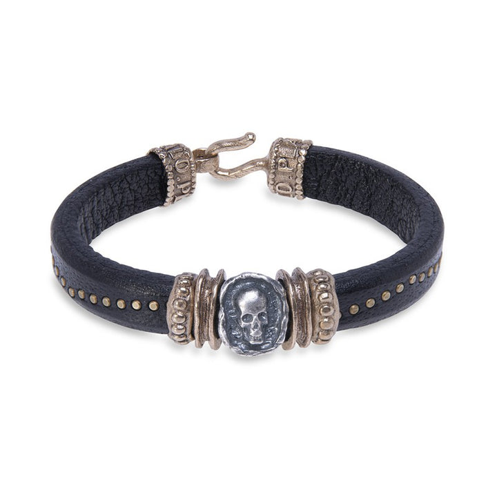 Pulsera de cuero con pieza de calavera en Plata 925 y piezas de bronce 1