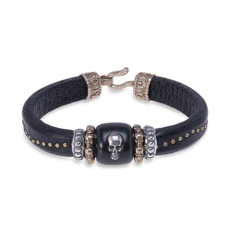 Pulsera de cuero con pieza de resina y calavera de Plata 925 1